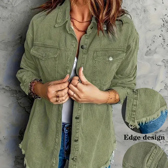 European And American Style Women Retro Washed Denim Jacket Casual With Hem Army Green - Shop at LoveMi