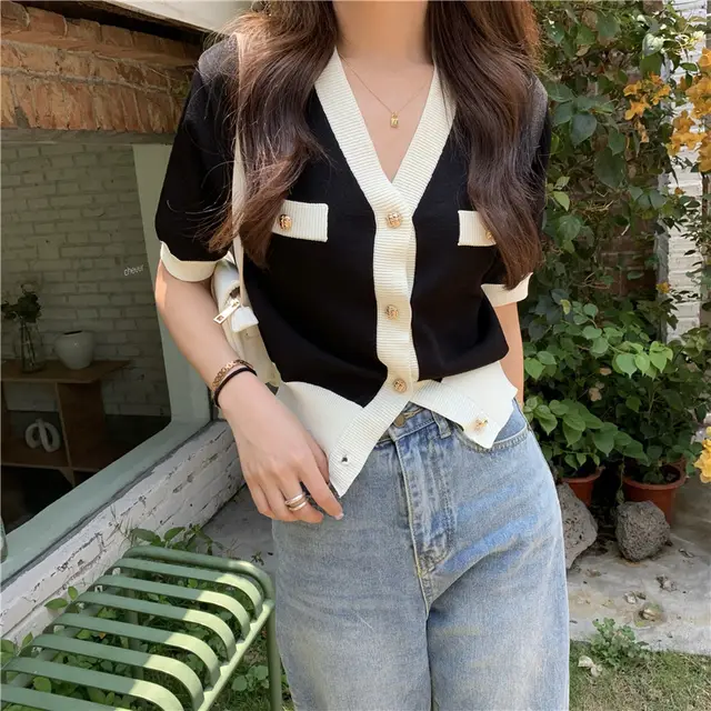 Classic Style Color Matching Ice Silk Short style Loose Slimming Knitted Thin Top Black - Shop at LoveMi