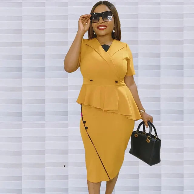 Women's Ruffled Short Sleeves Sexy Sheath Dress Yellow - Shop at LoveMi