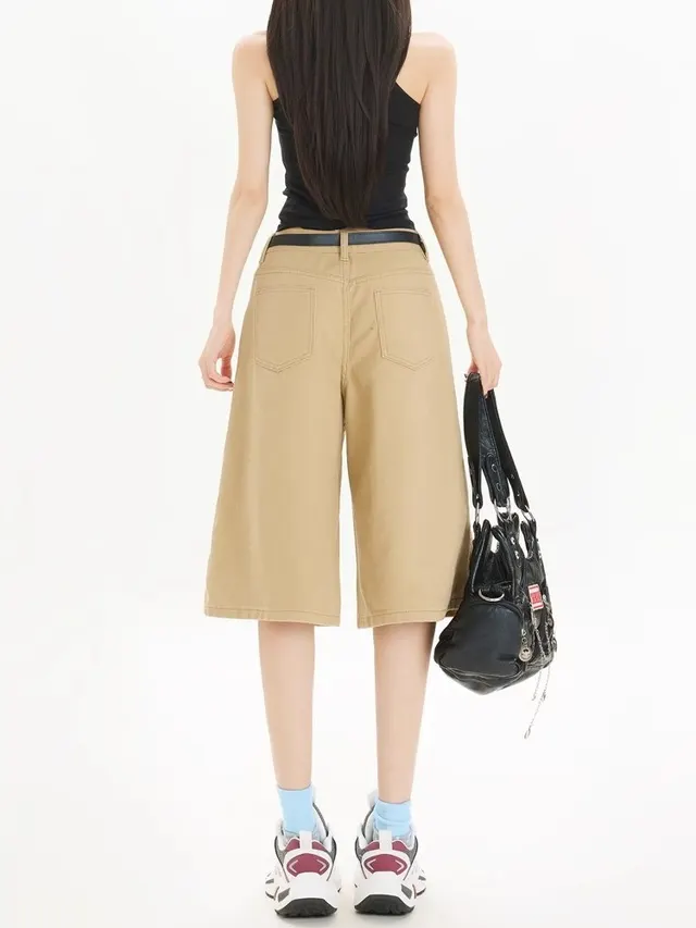 Khaki Workwear Wide Leg Cropped Denim Women's Shorts Khaki - Shop at LoveMi