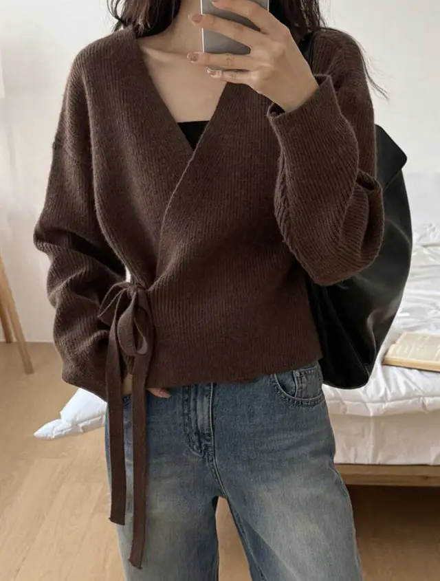 V neck Waist controlled Lace up Sweater Brown - Shop at LoveMi