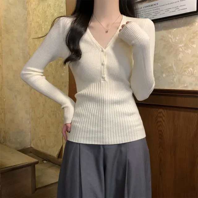 Waist tight Slimming V neckline Long sleeved Women's Temperament Commute Pure Sweater Apricot - Shop at LoveMi