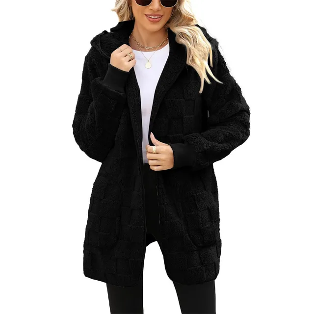 Cardigan Plaid Jacquard Hooded Pocket Plush Cardigan Jacket Black - Shop at LoveMi