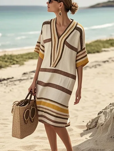 European And American Digital Printing Striped V neck Dress - Shop at LoveMi