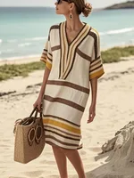 European And American Digital Printing Striped V-neck Dress - View 1