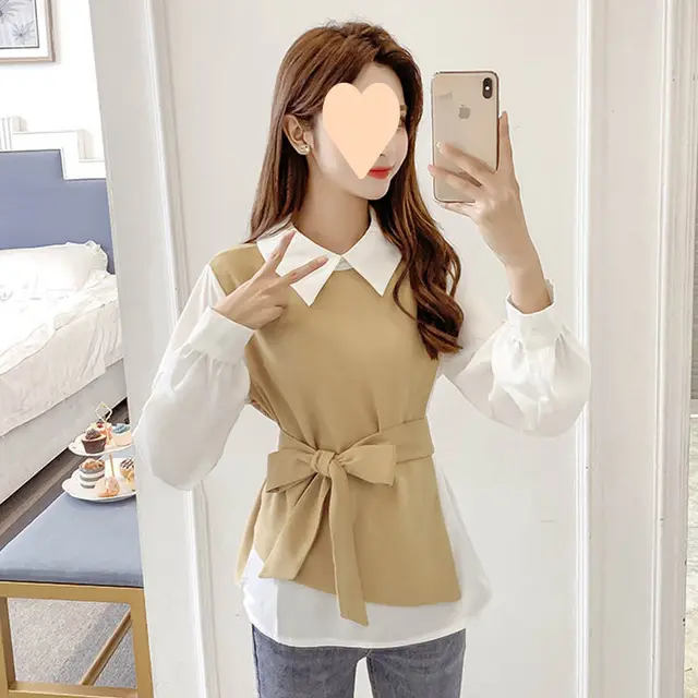 All matching Fitted Waist Flattering Shirt Graceful Collar Chiffon Shirt Top Khaki - Shop at LoveMi