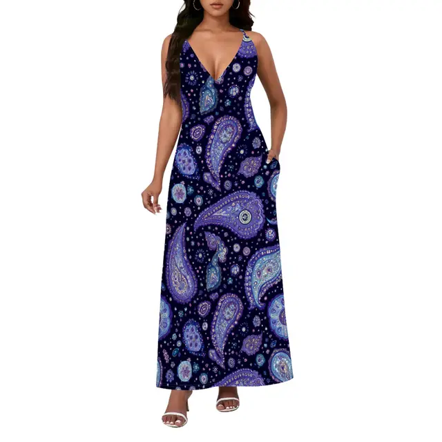 Ethnic Style Paisley Sexy Backless Slip Dress Black And Purple 6 - Shop at LoveMi