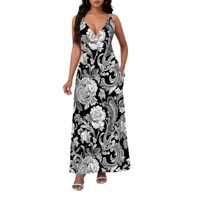 Ethnic Style Paisley Sexy Backless Slip Dress Black And White 5 - Shop at LoveMi