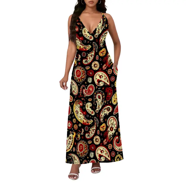 Ethnic Style Paisley Sexy Backless Slip Dress Black And Yellow 2 - Shop at LoveMi