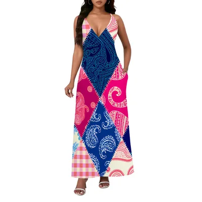 Ethnic Style Paisley Sexy Backless Slip Dress Blue Pink 3 - Shop at LoveMi
