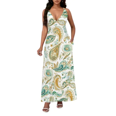 Ethnic Style Paisley Sexy Backless Slip Dress White - Shop at LoveMi