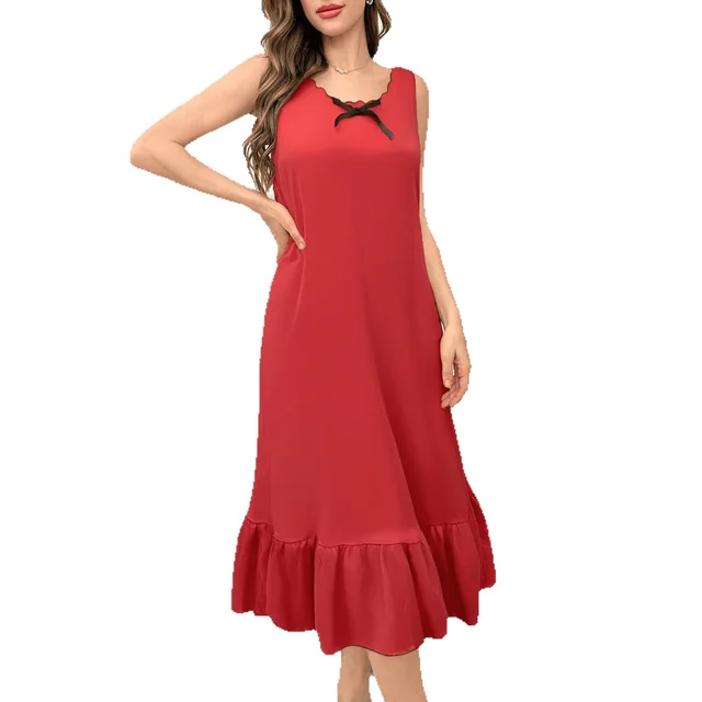 Women's Knitted Texture Bow Decoration Pleating Hem Wide Shoulder Strap Casual Nightdress Red - Shop at LoveMi