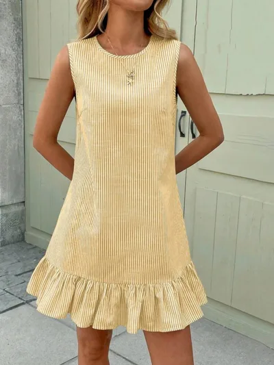 Autumn Striped Cotton Linen Sleeveless Ruffles Dress Yellow - Shop at LoveMi