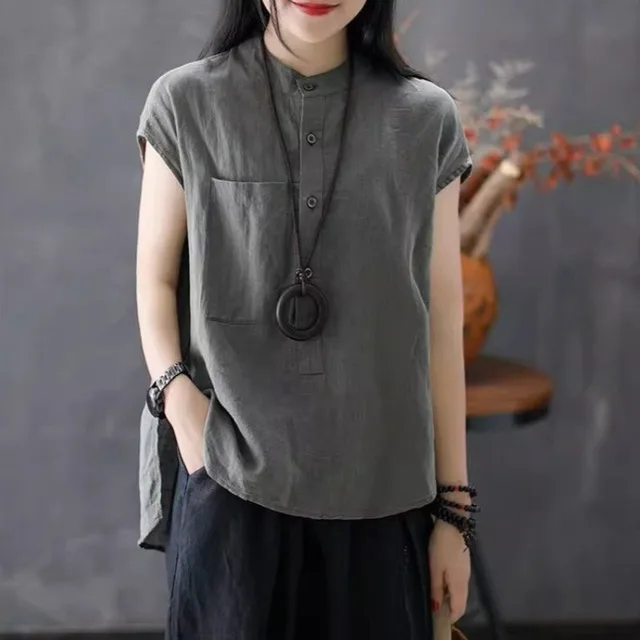 Cotton Linen Short Sleeved Shirt M45 Dark Gray - Shop at LoveMi