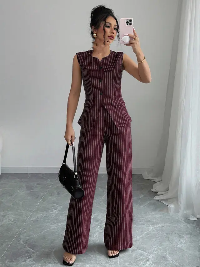 Casual Striped Short Style Lapel Suit Straight leg Pants Suit Dark Red - Shop at LoveMi