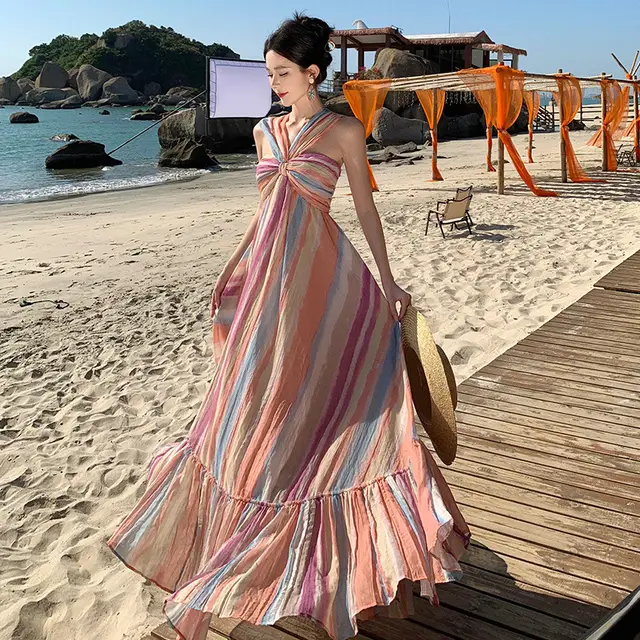 Candy Color Gradient Halter Tie Dye Maxi Dress Rainbow Color - Shop at LoveMi