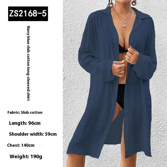 Tencel Slub Cotton Long sleeved Shirt For Women Zs2168 Navy Blue - Shop at LoveMi