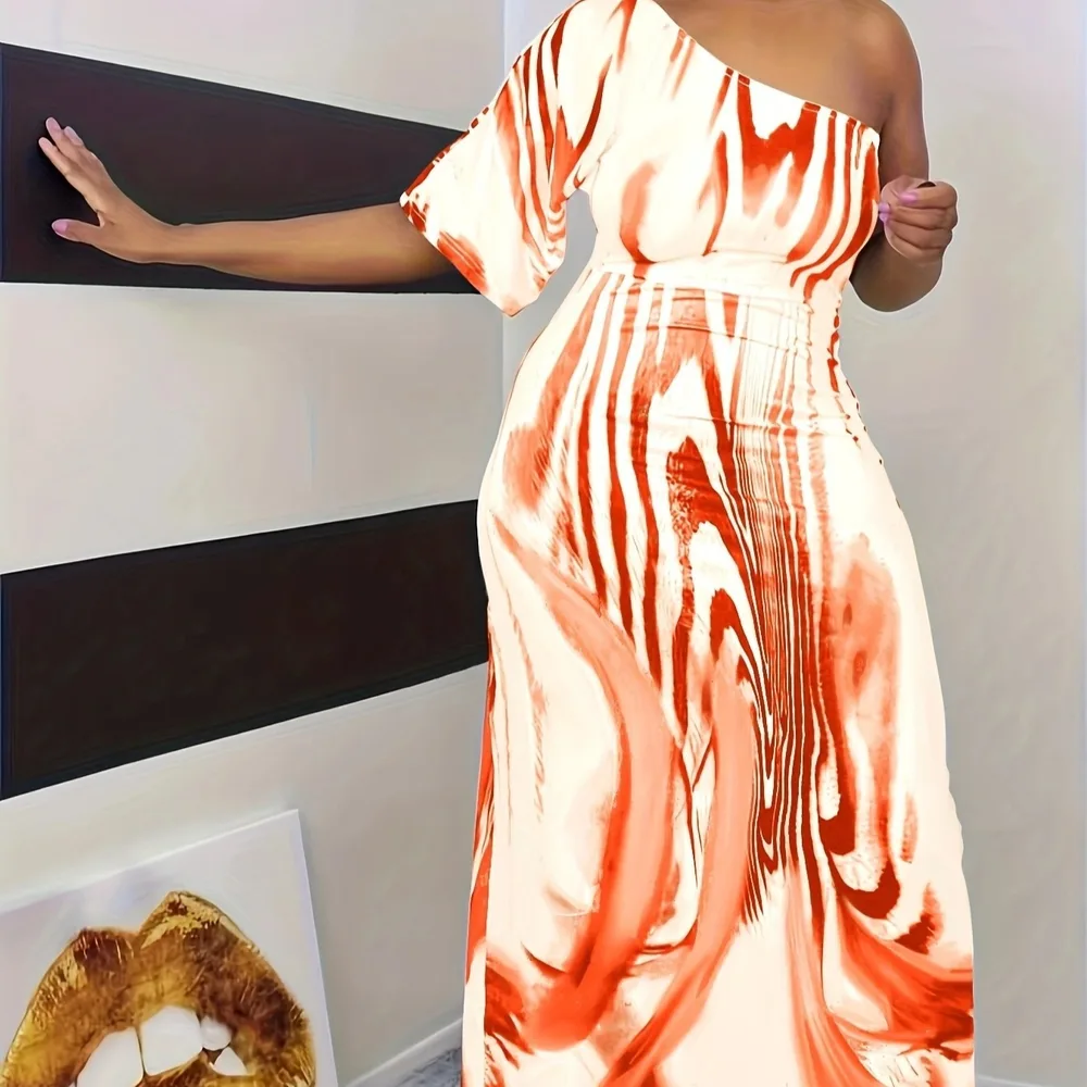 New Women's Fashion Casual Single Sleeve Off Shoulder Dress - Orange - View 1