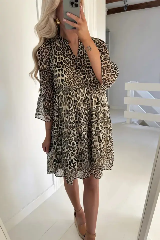 Khaki Leopard Sleeve V Neck Swing Dress Khaki - Shop at LoveMi
