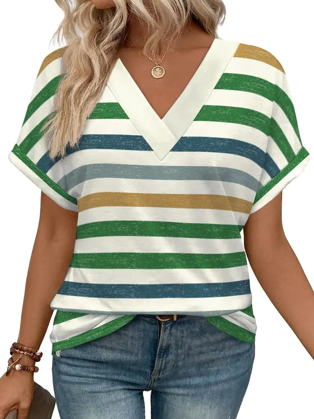 Women's Casual Round Neck Striped T shirt Top Green - Shop at LoveMi
