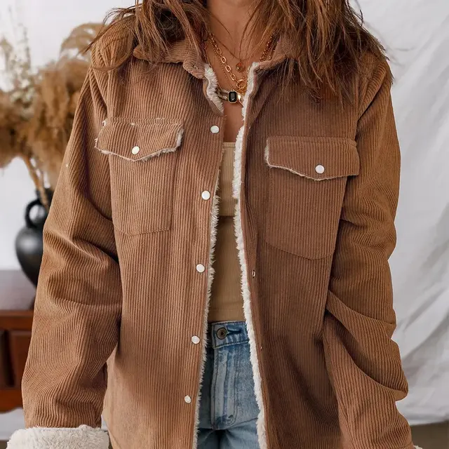 Cinnamon Fleece Lined Buttoned Flap Pockets Corduroy Jacket Cinnamon - Shop at LoveMi