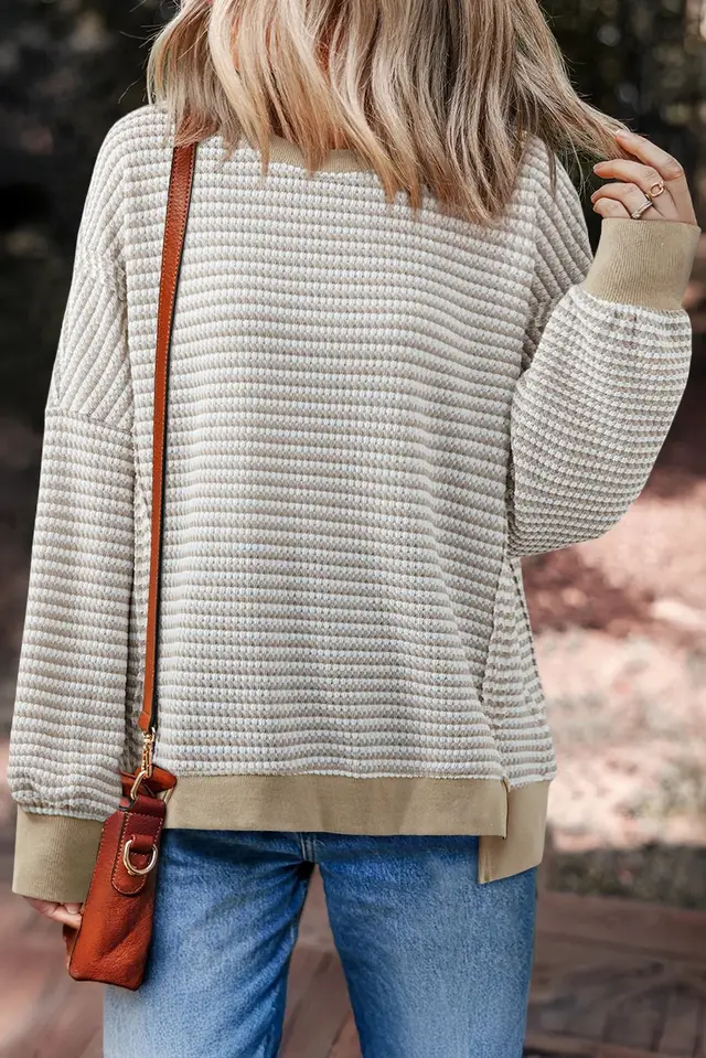 Brown Stripe Ribbed Trim Drop Shoulder Long Sleeve Oversize Top Brown Stripe - Shop at LoveMi