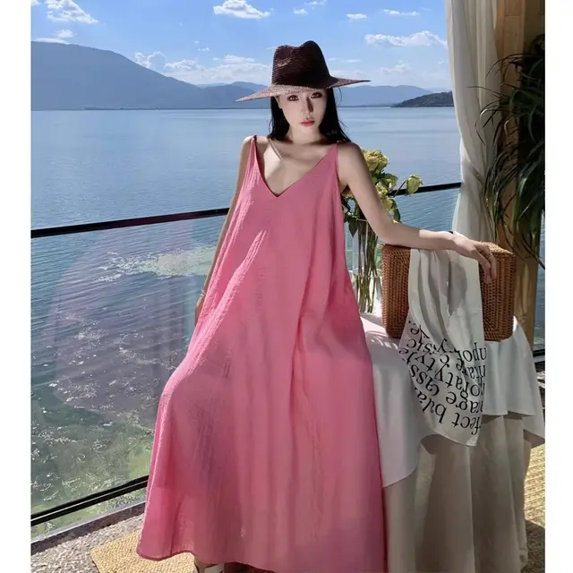 Dopamine Sweet Pine Idle Style Beach Dress For Women Pink - Shop at LoveMi