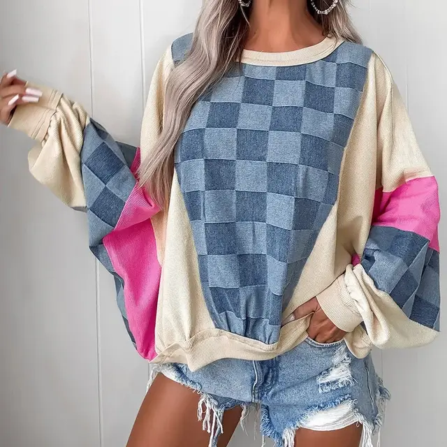 Sky Blue Oversized Checkered Denim Exposed Seam Patchwork Casual Sweatshirt Sky Blue - Shop at LoveMi