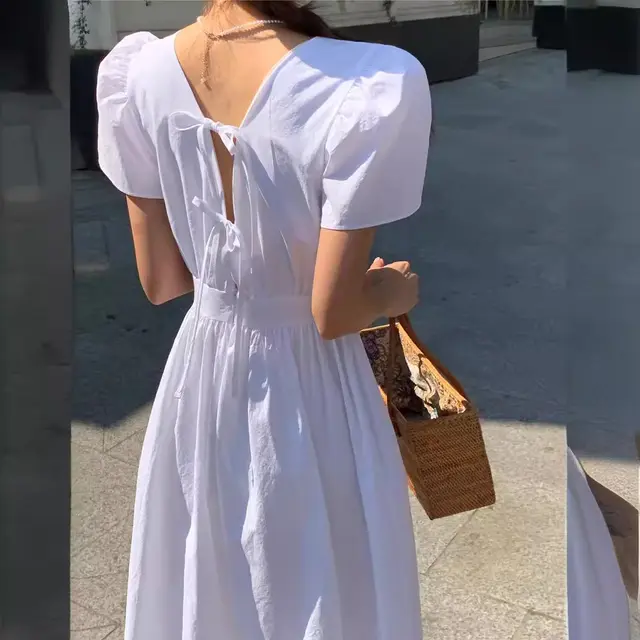 Sweet Sneaky Design Backless Lace up Puff Sleeve Long Dress Women White - Shop at LoveMi