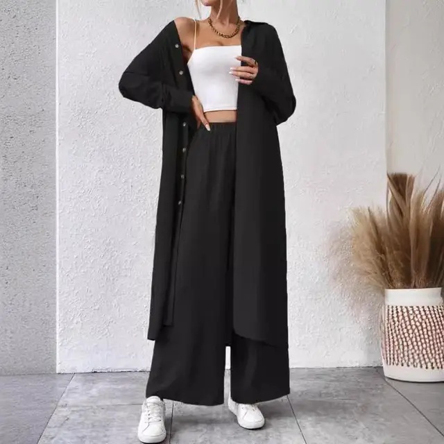Plus Size Loose Long Shirt Wide Leg Pants Two piece Set Black - Shop at LoveMi