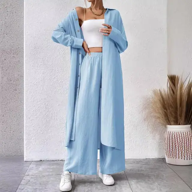 Plus Size Loose Long Shirt Wide Leg Pants Two piece Set Light Blue - Shop at LoveMi