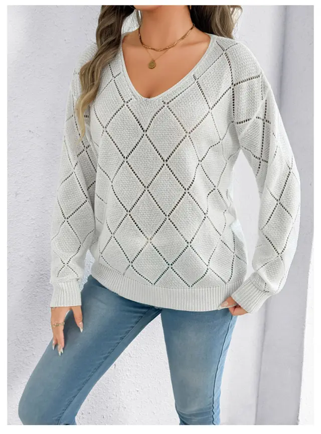 Solid Color And V neck Sexy Cutout Plaid Long sleeved Sweater Sweater White - Shop at LoveMi