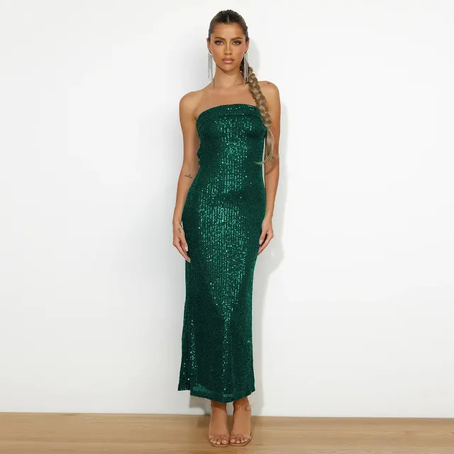 Sexy Tube Top Women's Clothing Sequins Dress Hollow Out Dark Green - Shop at LoveMi