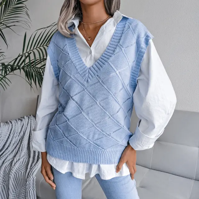 Women's V neck Hollow Rhombus Casual Knitted Sweater Vest Blue - Shop at LoveMi