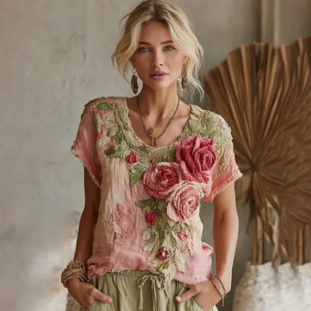 Women's Vintage Floral Art Linen Crew Neck T shirt Pink - Shop at LoveMi
