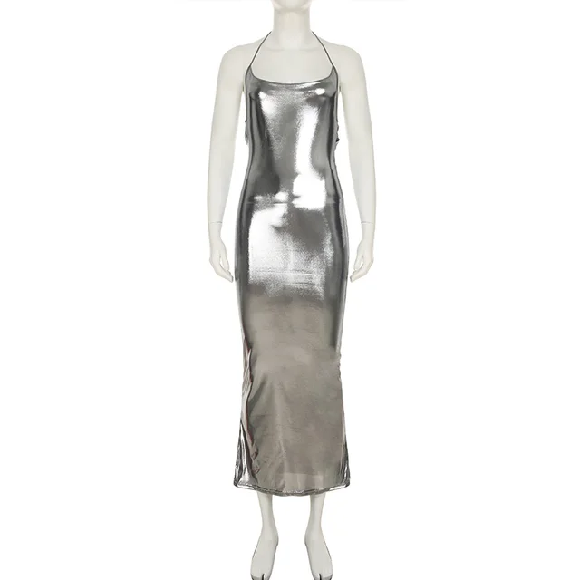 Female Liquid Large Backless Shiny Suspender Dress Silver - Shop at LoveMi