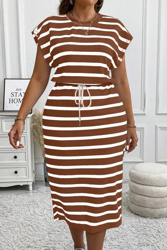 Round Neck Printed Tether Short Sleeve Dress Brown - Shop at LoveMi