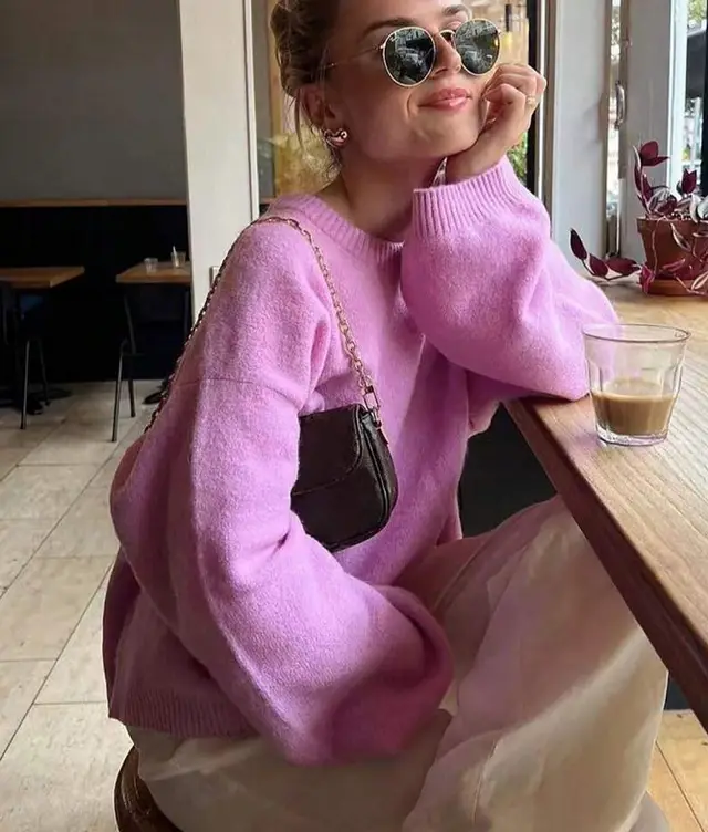 Yellow Solid Color Round Neck Long Sleeved Knitted Women's Purple - Shop at LoveMi