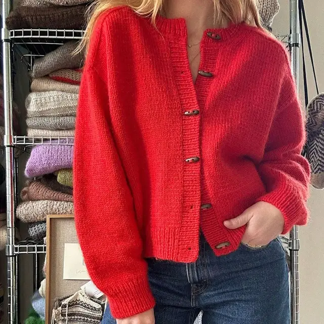 Women's Solid Color Hanging Shoulder Long Sleeved Loose Casual Cardigan Red - Shop at LoveMi