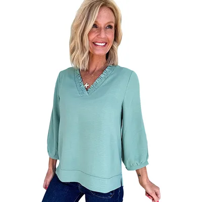 Solid Color And V neck Women's Loose Casual Chiffon Shirt Top Green - Shop at LoveMi