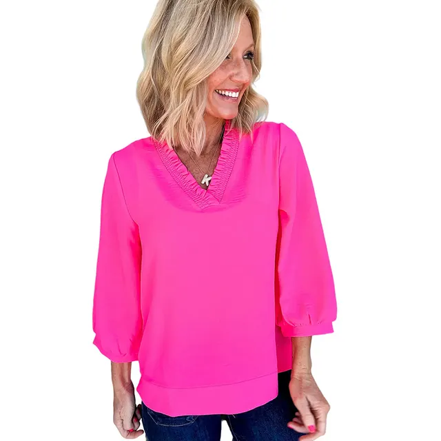 Solid Color And V neck Women's Loose Casual Chiffon Shirt Top Pink - Shop at LoveMi