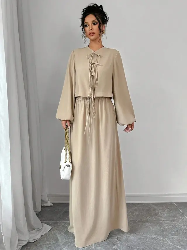 Vintage Artistic Long Sleeve Suspender Dress Suit Female Spring Khaki - Shop at LoveMi
