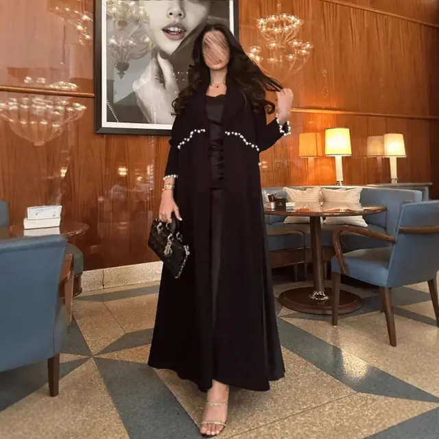 Elegant Graceful Robe Beaded Cardigan Pleated Black Maxi Dress For Women Black - Shop at LoveMi