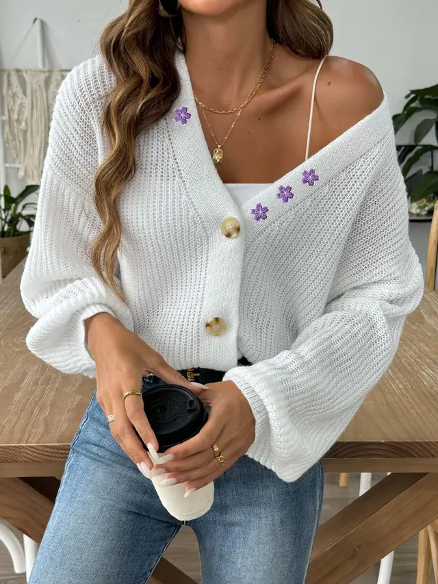 Embroidered Stickers Short Button Coat Sweater Cardigan White - Shop at LoveMi