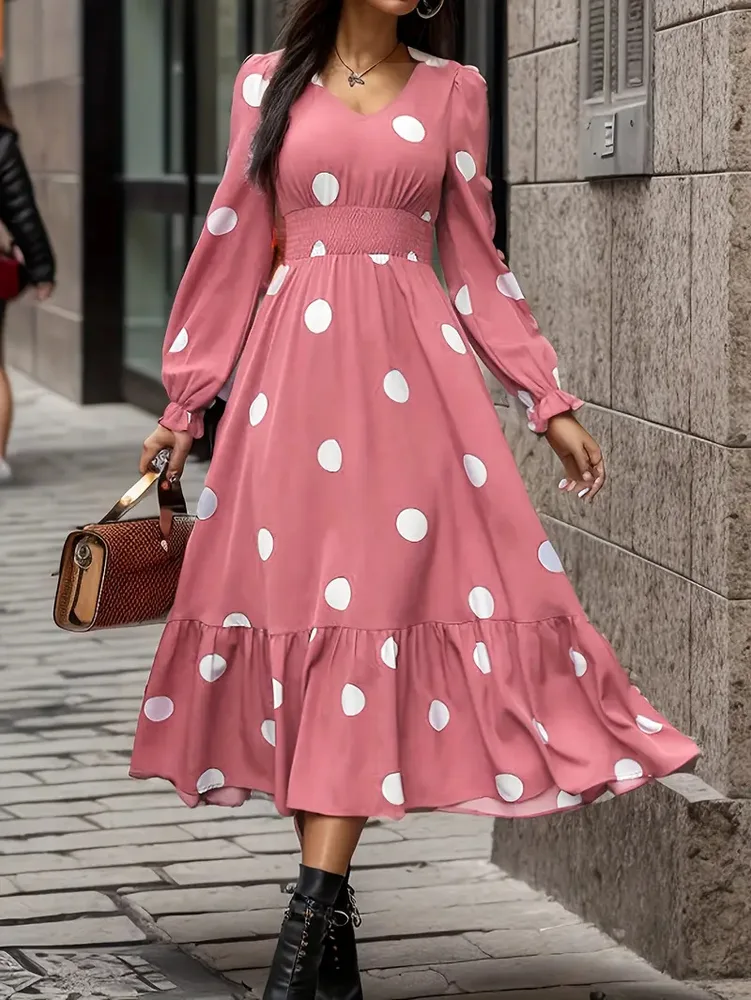 V neck Long Sleeve Ruffled Hem Dress Pink - Shop at LoveMi