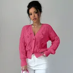 Women's Solid Color Long Sleeve Bowknot Knitwear Cardigan Coat - Rose Red
