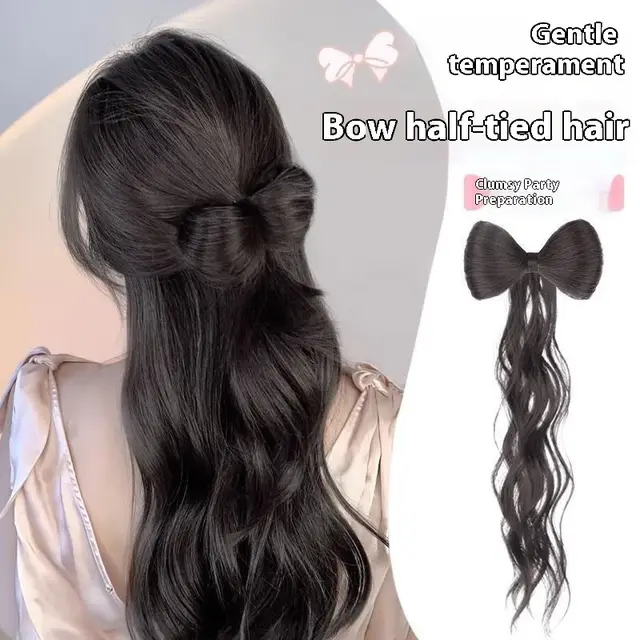 Wig Women's Long Hair Braid Lazy Bow Half Tie Up A Bun Hairstyle Artificial Hair Ponytail Brown Black - Shop at LoveMi