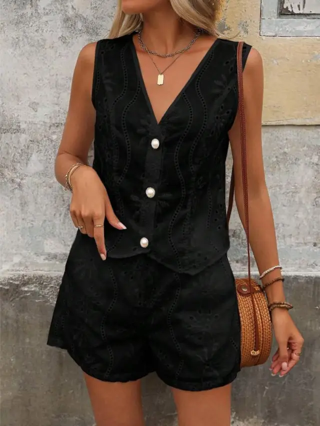 Solid Color Casual V neck Vest Button Shorts Suit Women Black - Shop at LoveMi