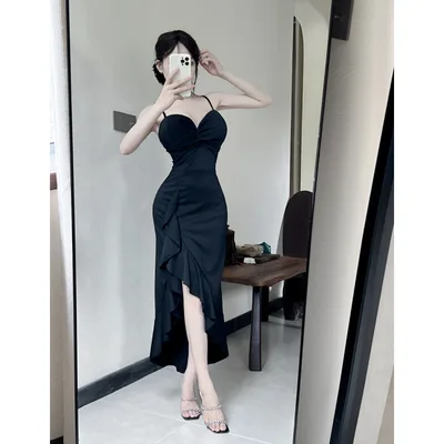 Sexy Long Spaghetti strap Ruffle Bottoming Skinny Dress Black - Shop at LoveMi