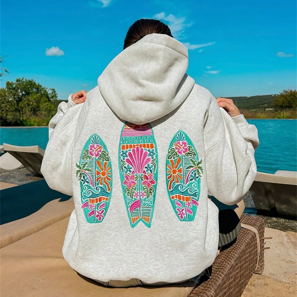 Hooded Sweatshirt Women's Long Sleeved Embroidered Pattern - Grey - View 1